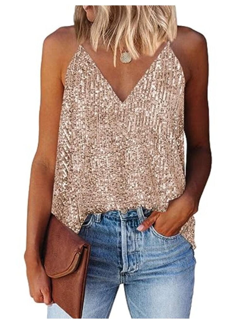 Sequin Sparkle V-Neck Sleeveless Cami Tank Top with Adjustable Straps